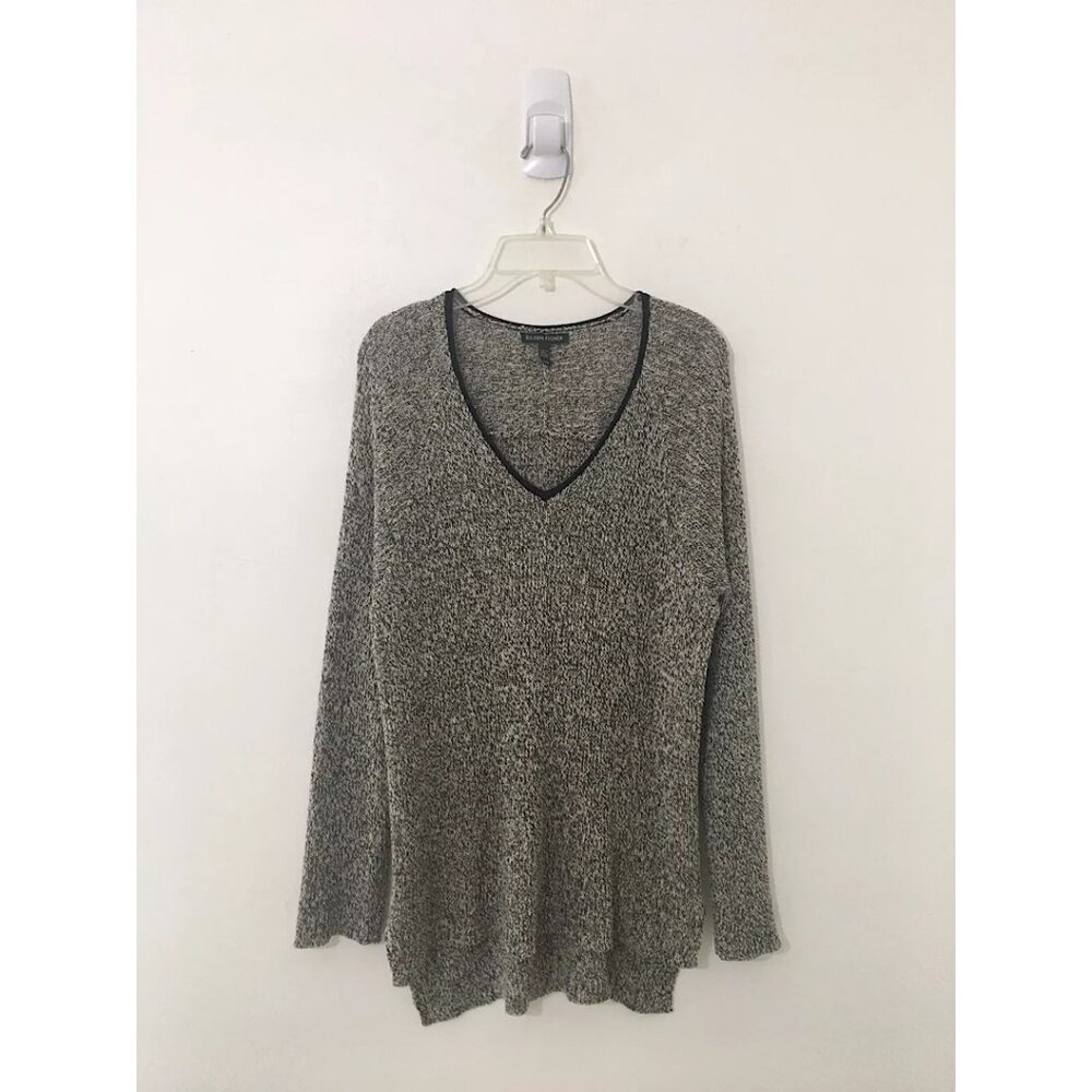 Eileen Fisher Wool Linen V-Neck Long Sleeve Sweater Black White Large - Picture 1 of 3